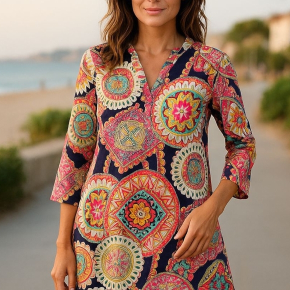 Honeyme - Multi Colored Tunic, 3/4 Sleeves W/Button, V-neck Size Small, Made USA - Picture 2 of 9